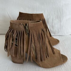 Y2K Carlos by Carlos Santana Brown Suede Fringe Peep Toe High Heel Booties